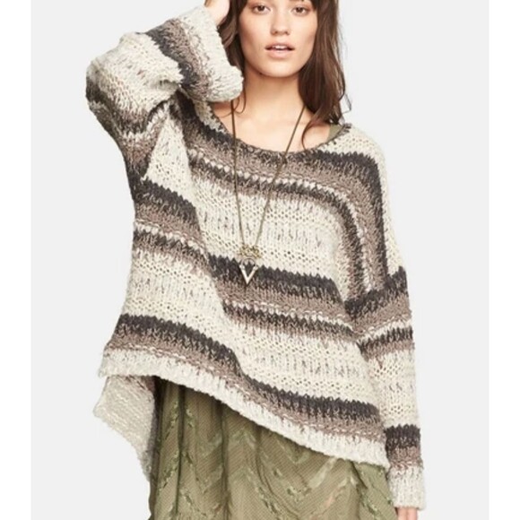 Free People Slouchy Knit Pullover Sweater Neutral Striped Brown Tan Cream Boho S - Picture 1 of 15